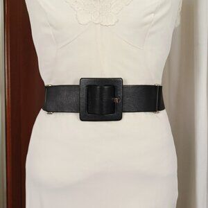 Designer Black Leather Stretch Waist Belt, Suzi Roher, OSFM, 29.5 - 48"+